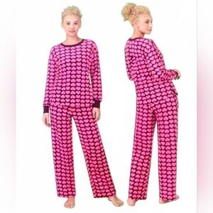 Kate Spade New York Heart Print 2 Piece Pajama Set Pink Fleece Lounge Sleepwear
